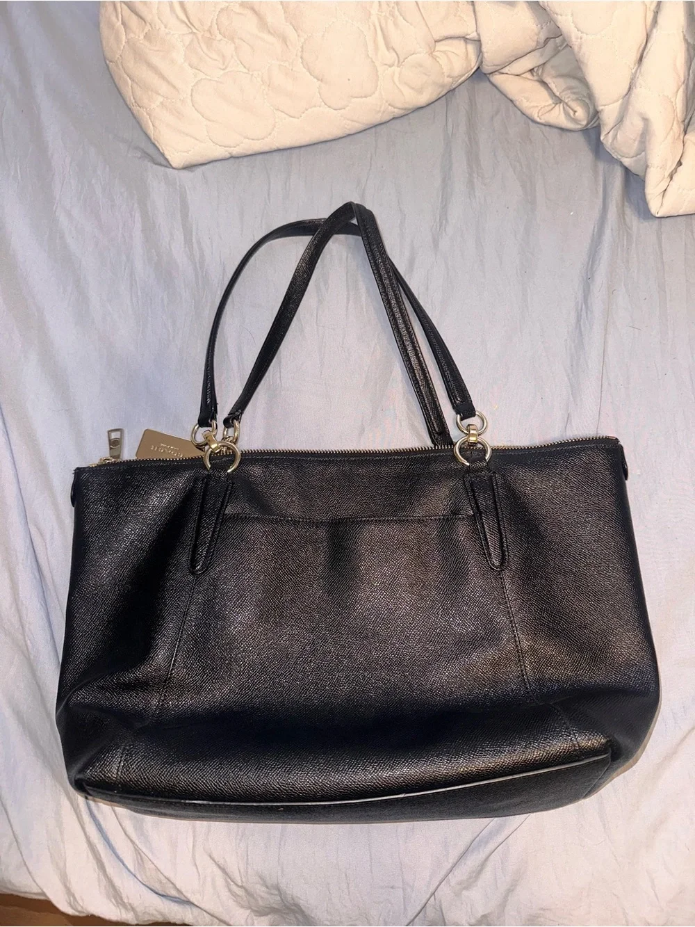 Coach Black Leather Double-Handle Tote with Gold Hardware